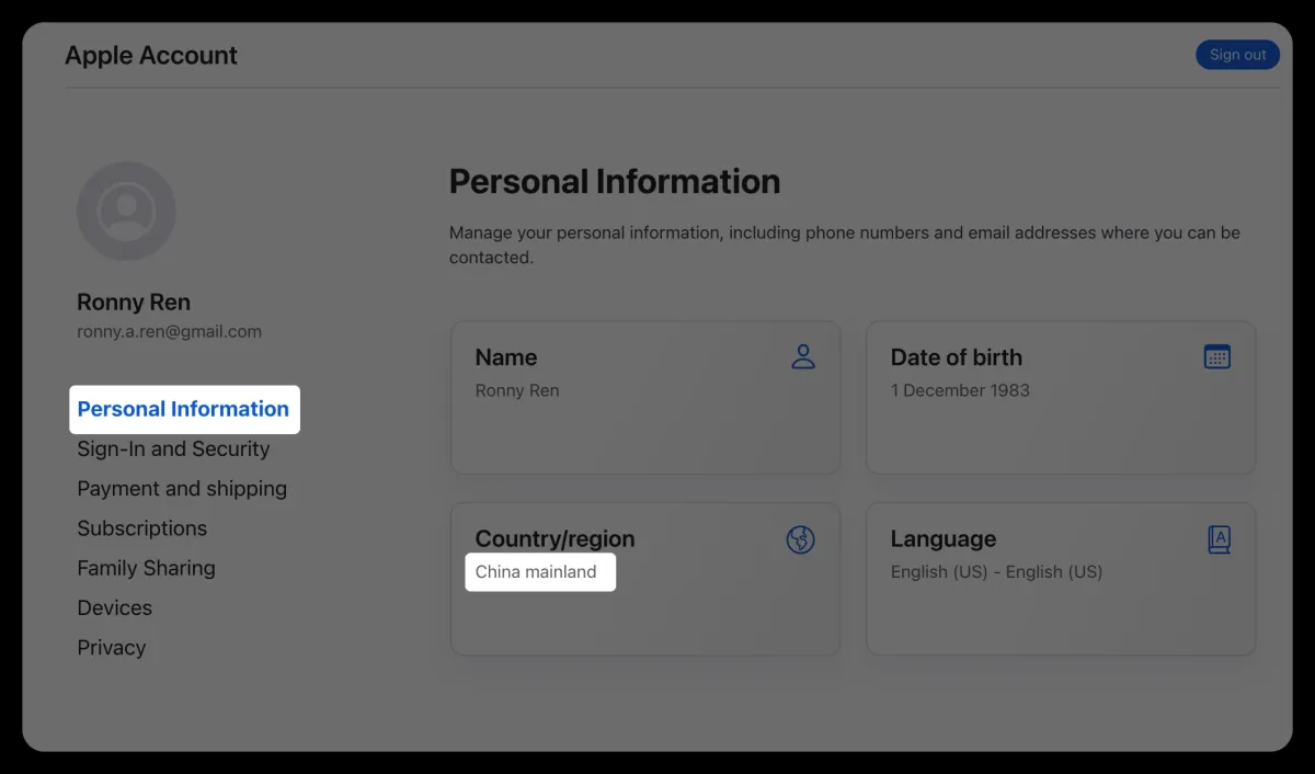 Apple account country selector