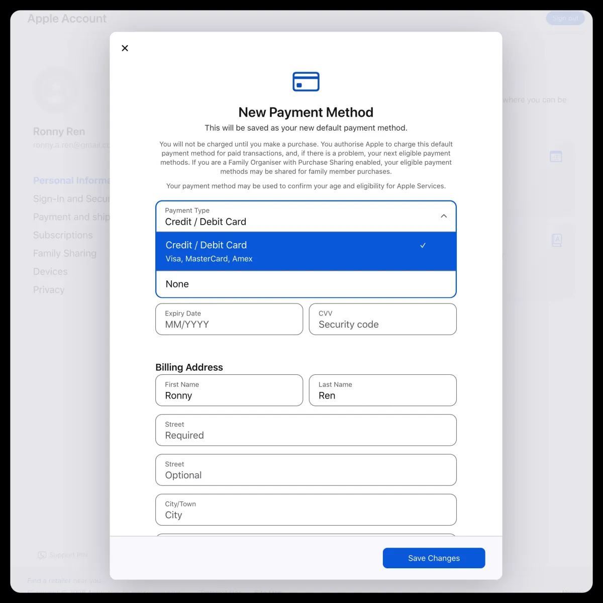 Apple account country or region updated