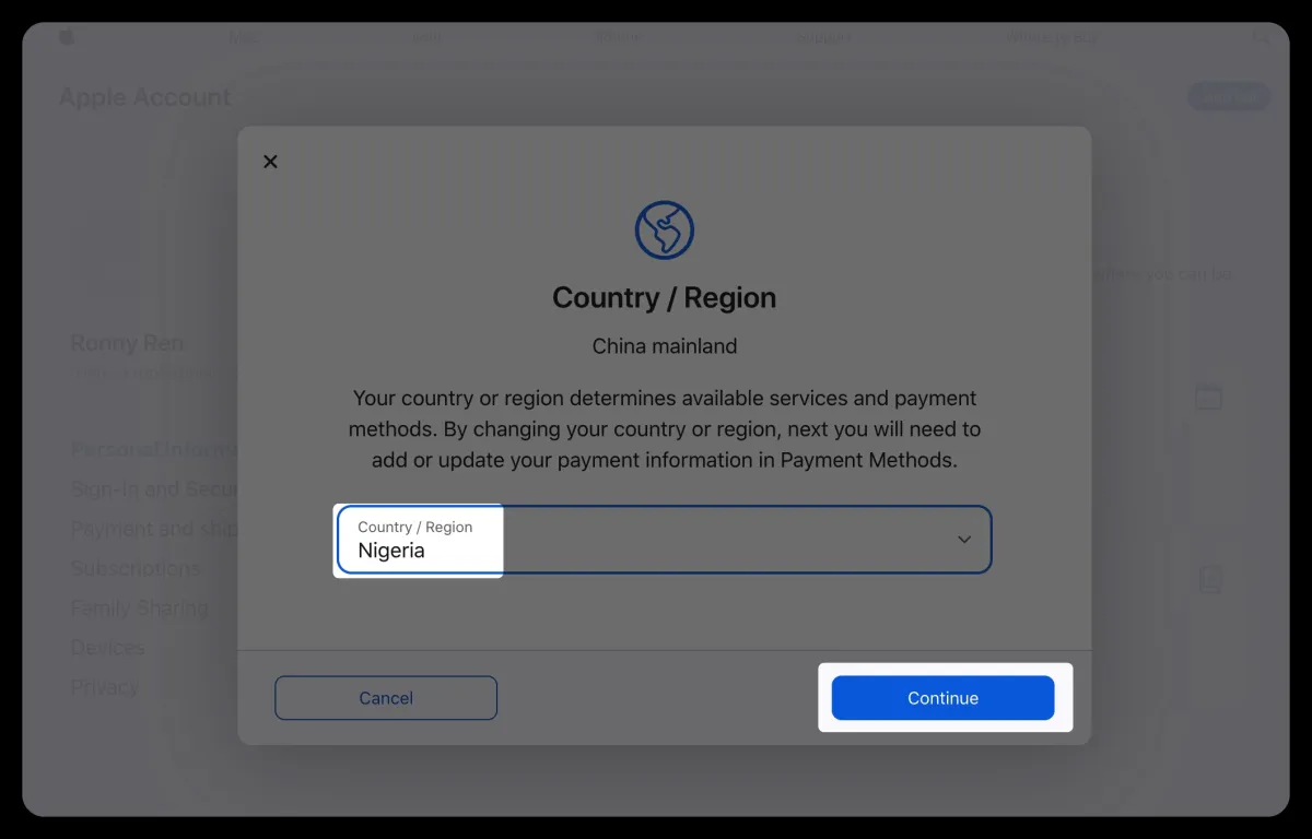 Apple account region change flow